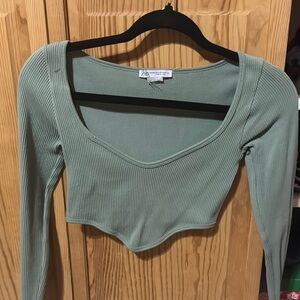 Ribbed Green Long Sleeve Crop Top
